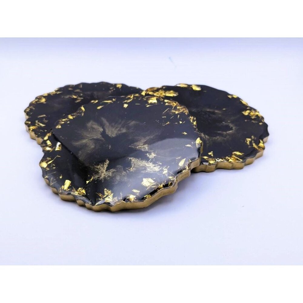 Set of 3 Coasters Black and Gold Geode Shaped 5" Gold Edged Cork Backed HandMade